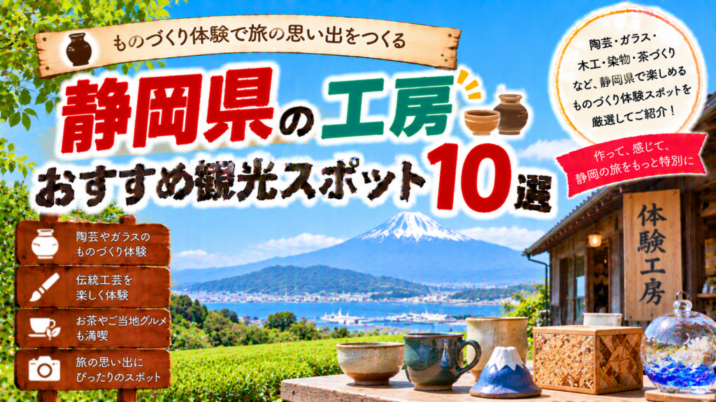 静岡県で陶芸やガラス、木工、染め物などのものづくり体験を楽しめるおすすめ工房観光スポット10選を紹介する旅行イメージ