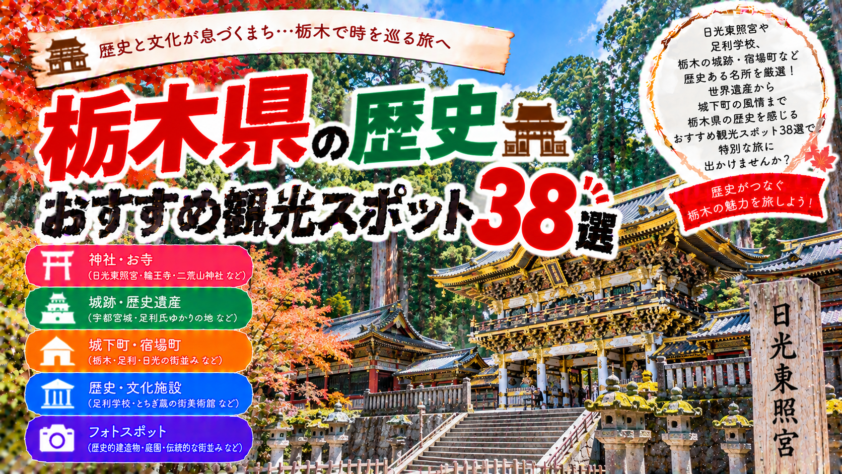 栃木県の日光東照宮や足利学校、歴史ある城跡や宿場町を巡るおすすめ観光スポット38選を紹介する旅行イメージ