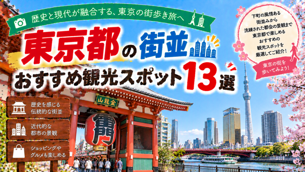 東京都の下町や近代的な都市景観など多彩な街並みを楽しめるおすすめ観光スポット13選を紹介する旅行イメージ