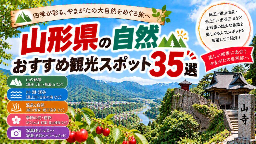 山形県の蔵王や月山、最上川など豊かな自然を楽しめるおすすめ観光スポット35選を紹介する旅行イメージ