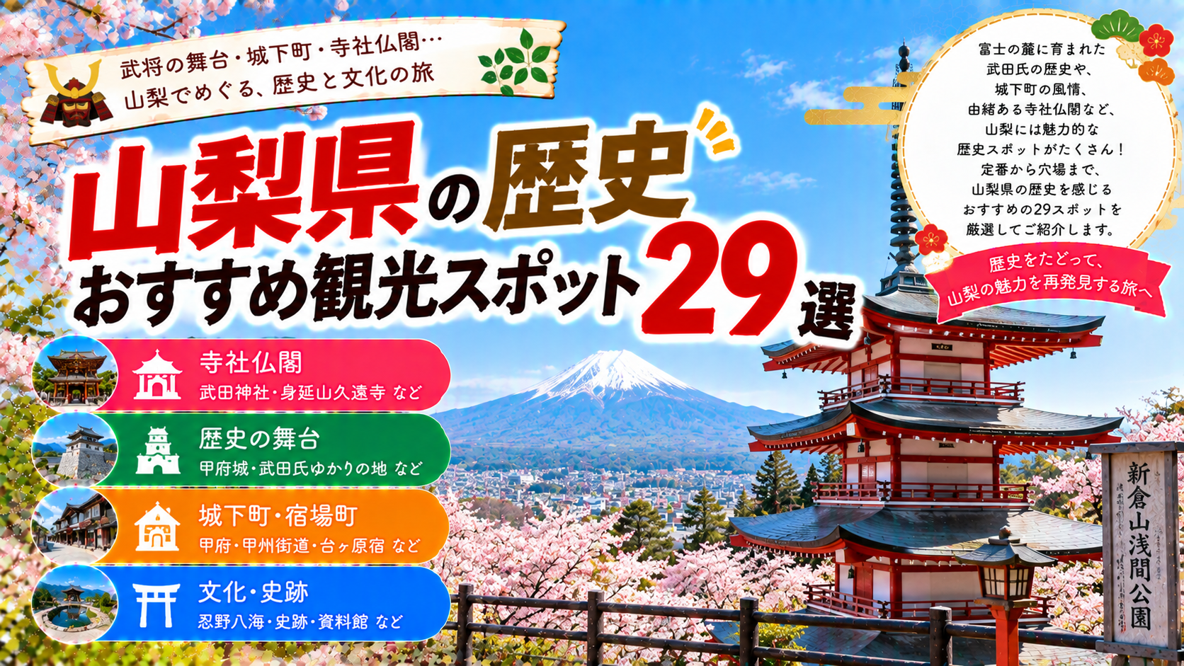 山梨県の武田神社や甲府城跡、新倉山浅間公園など歴史を感じられるおすすめ観光スポット29選を紹介する旅行イメージ