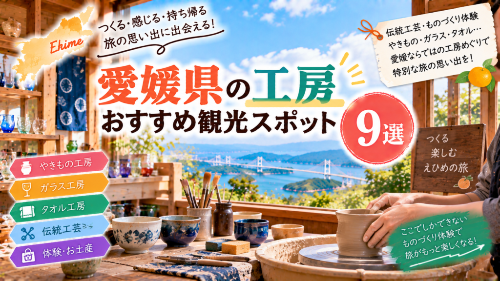 愛媛県の焼き物やガラス、タオルなどのものづくりを楽しめるおすすめ工房を紹介するアイキャッチ画像