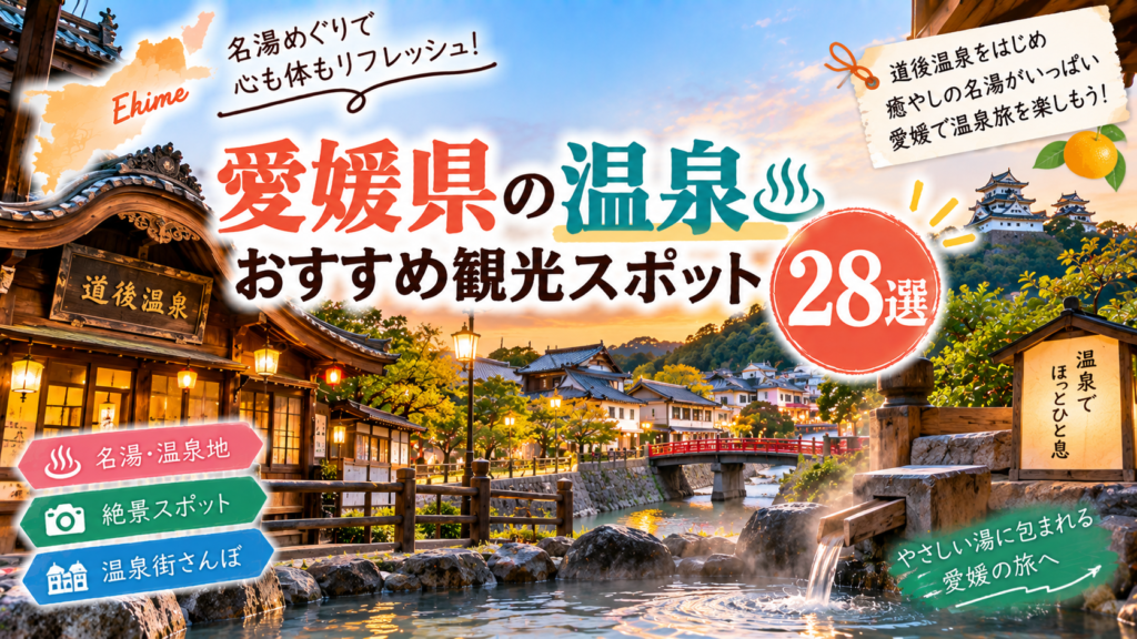 愛媛県の温泉地や温泉街、絶景を楽しめるおすすめ観光スポットを紹介するアイキャッチ画像