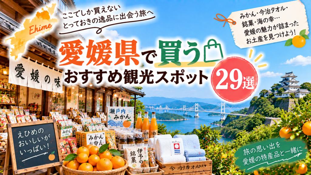 愛媛県でみかんや今治タオル、銘菓などの特産品を買えるおすすめ観光スポットを紹介するアイキャッチ画像