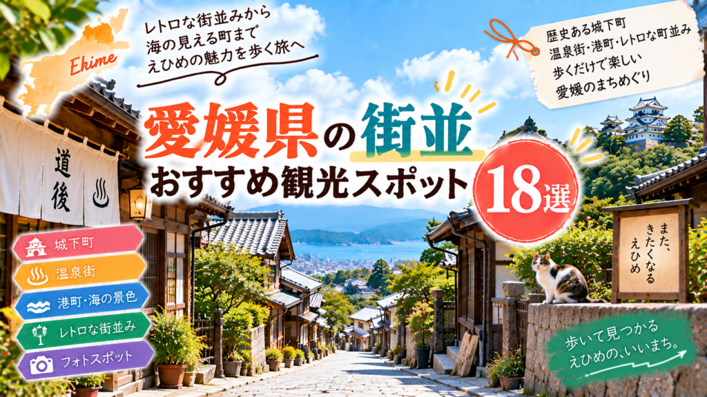 愛媛県の城下町や温泉街、港町など趣ある街並みを楽しめるおすすめ観光スポットを紹介するアイキャッチ画像
