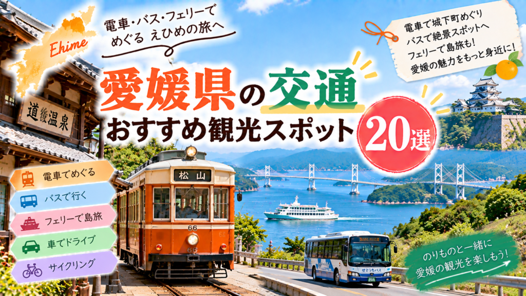 愛媛県の電車やバス、フェリーなど交通を楽しみながら巡るおすすめ観光スポットを紹介するアイキャッチ画像