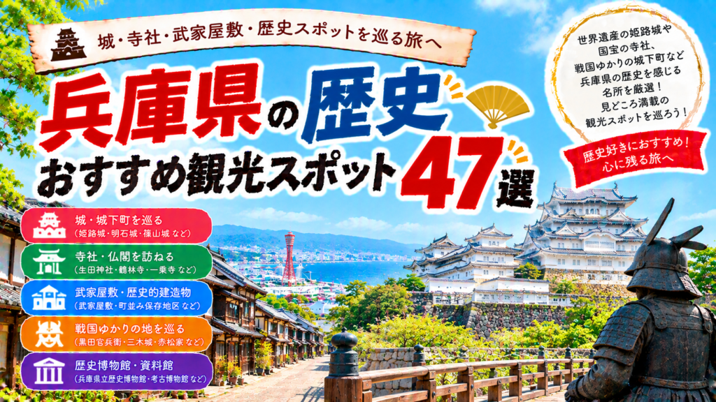 兵庫県の姫路城や明石城、歴史ある寺社や城下町を巡るおすすめ観光スポット47選を紹介する旅行イメージ