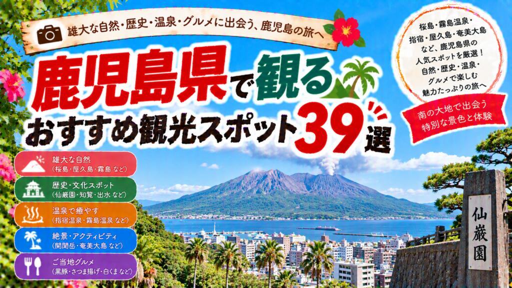 鹿児島県の桜島や霧島、指宿など自然と歴史を楽しめるおすすめ観光スポット39選を紹介する旅行イメージ
