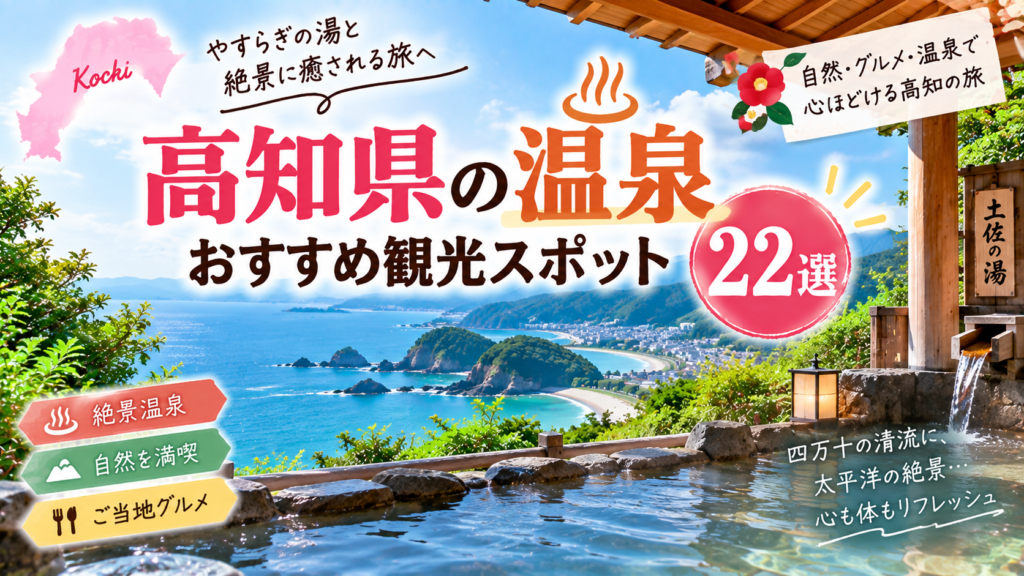 高知県の絶景や自然とともに温泉を楽しめるおすすめ観光スポットを紹介するアイキャッチ画像