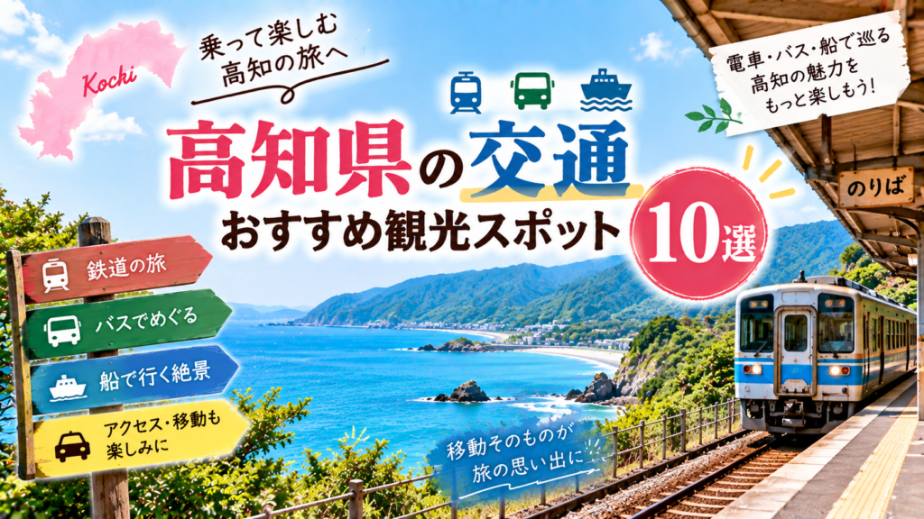 高知県の電車やバス、船など交通を楽しみながら巡るおすすめ観光スポットを紹介するアイキャッチ画像 title: 高知県の交通おすすめ観光スポット10選
