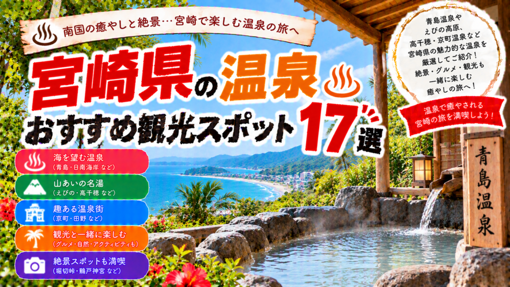 宮崎県の青島温泉や京町温泉、高千穂周辺などで温泉を楽しめるおすすめ観光スポット17選を紹介する旅行イメージ