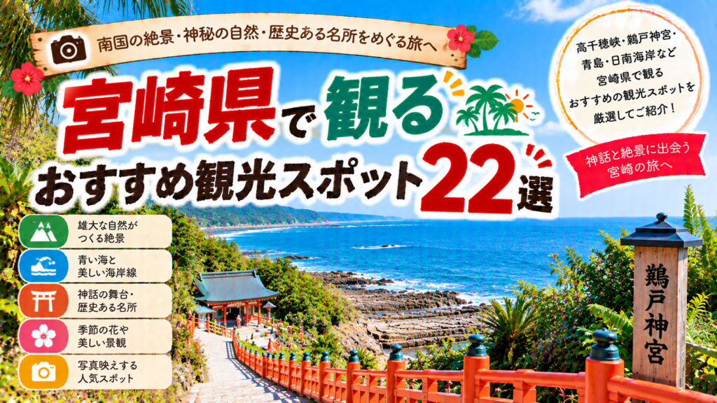 宮崎県の高千穂峡や青島、日南海岸など自然と歴史を楽しめるおすすめ観光スポット22選を紹介する旅行イメージ