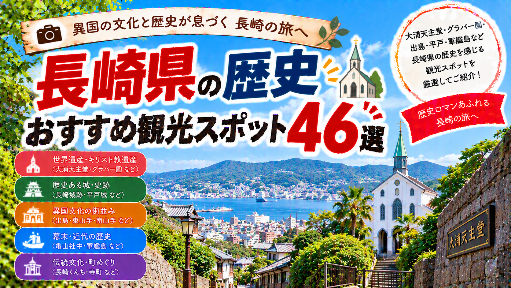 長崎県の大浦天主堂やグラバー園、出島など歴史を感じられるおすすめ観光スポット46選を紹介する旅行イメージ