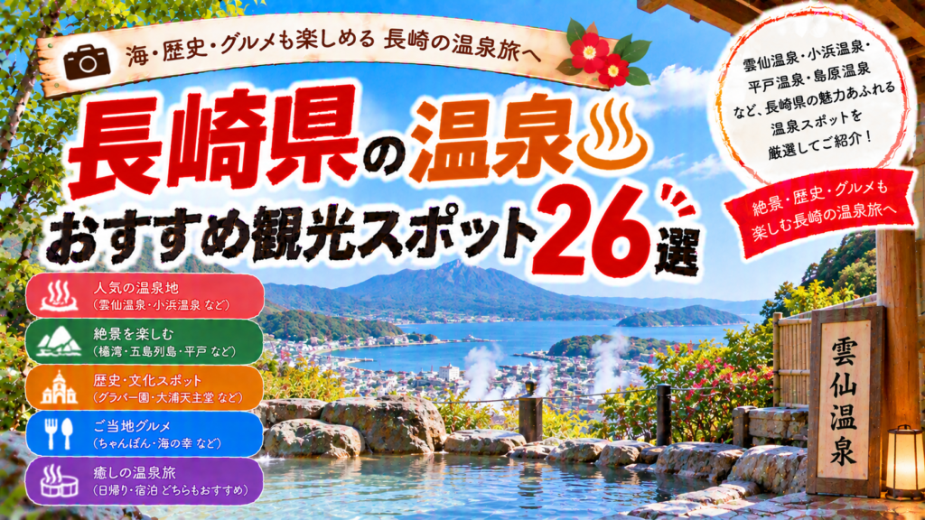 長崎県の雲仙温泉や小浜温泉、平戸温泉などを楽しめるおすすめ観光スポット26選を紹介する旅行イメージ
