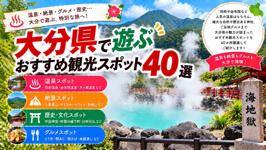 大分県の別府や由布院、九重などで温泉や自然、歴史、グルメを楽しめるおすすめ観光スポット40選を紹介する旅行イメージ