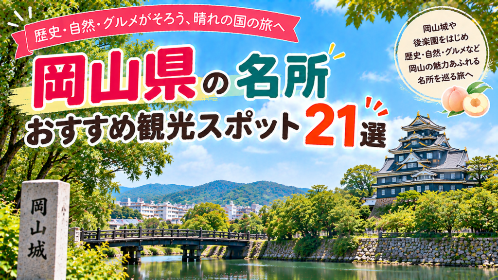 岡山城や後楽園など岡山県の名所を巡るおすすめ観光スポット21選を紹介する旅行イメージ