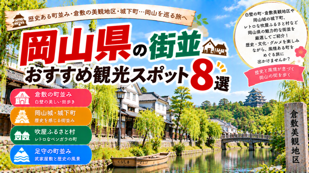岡山県の倉敷美観地区や岡山城周辺、吹屋ふるさと村など歴史と風情を感じる街並みを楽しめるおすすめ観光スポット8選を紹介する旅行イメージ