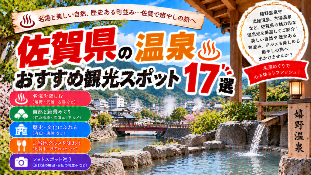 佐賀県の嬉野温泉や武雄温泉、古湯温泉などを楽しめるおすすめ観光スポット17選を紹介する旅行イメージ