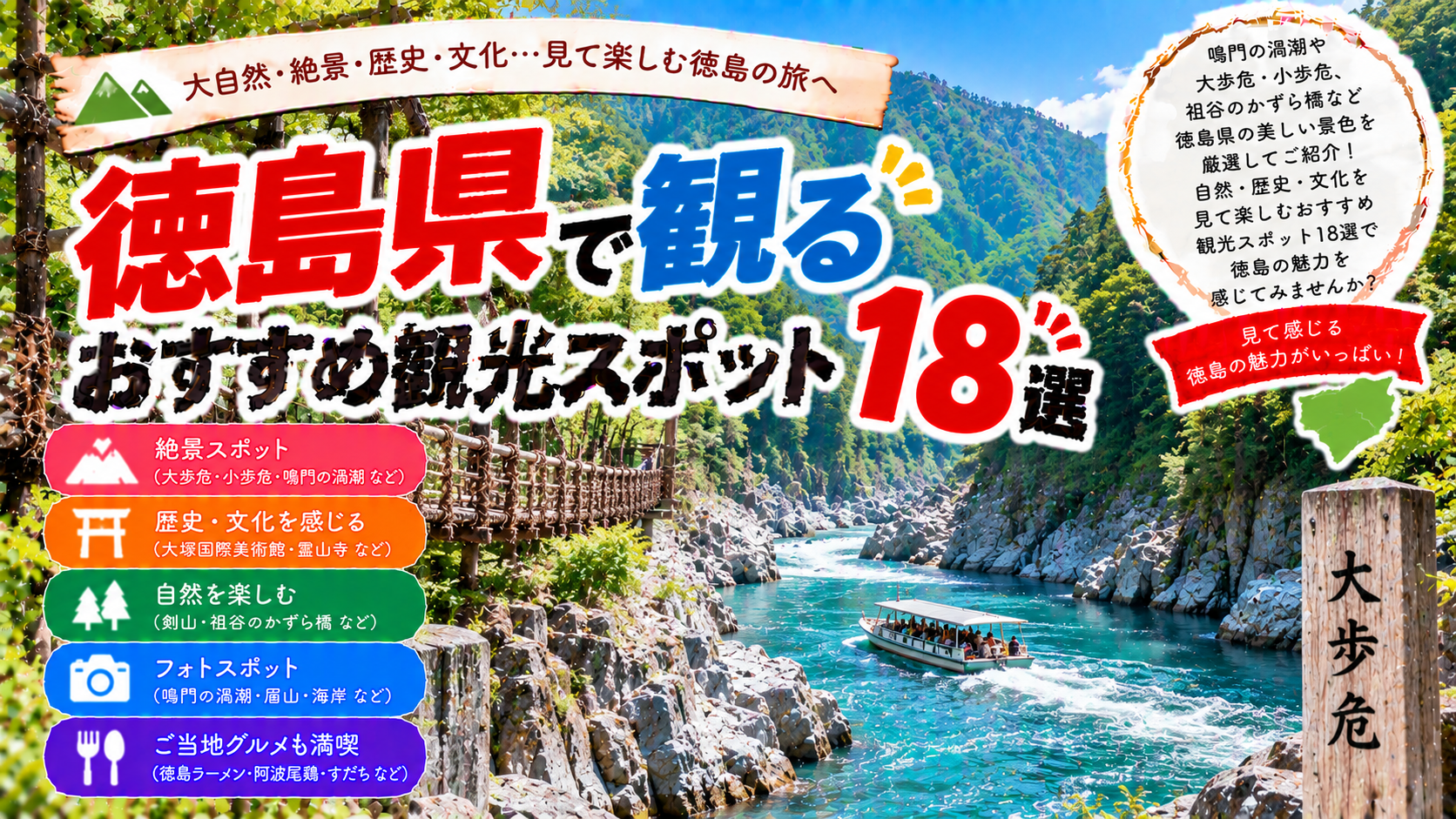 徳島県の大歩危・小歩危や鳴門の渦潮、祖谷など自然と歴史を楽しめるおすすめ観光スポット18選を紹介する旅行イメージ