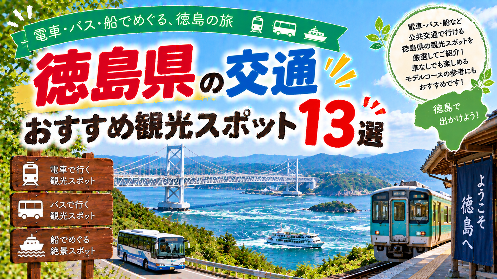 徳島県を電車やバス、船などの交通手段で巡るおすすめ観光スポット13選を紹介する旅行イメージ